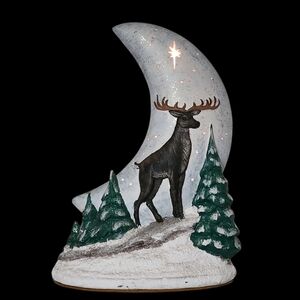 Vintage Ceramic Christmas Holy Night Moon Elk Deer Tree Star Lighted Flasher 9"